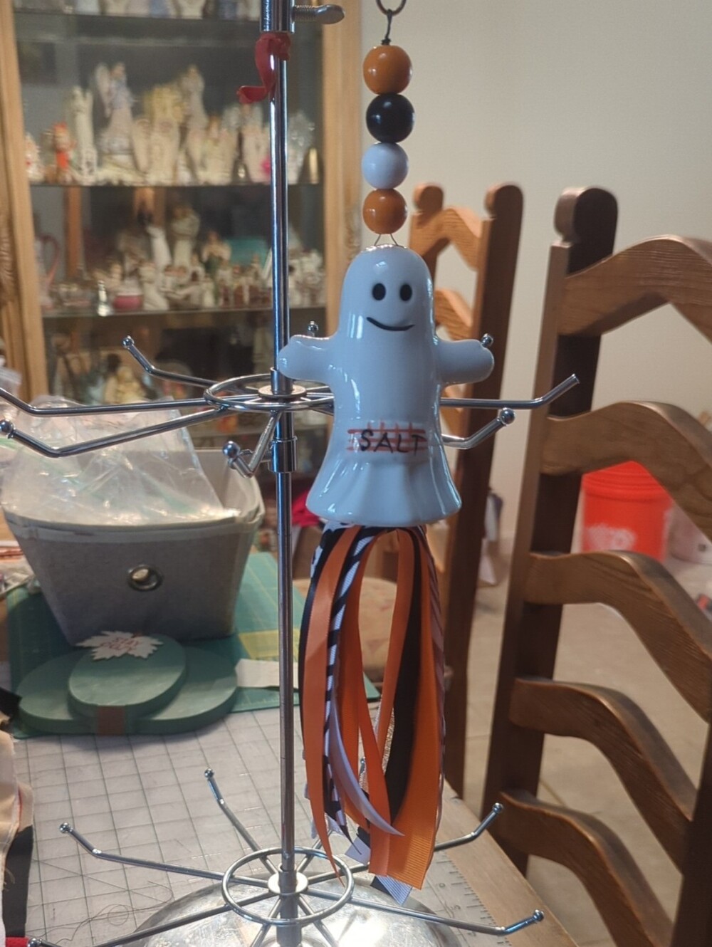 Handmade White and Orange Ghost Hanging Ornament With Heart Clip
